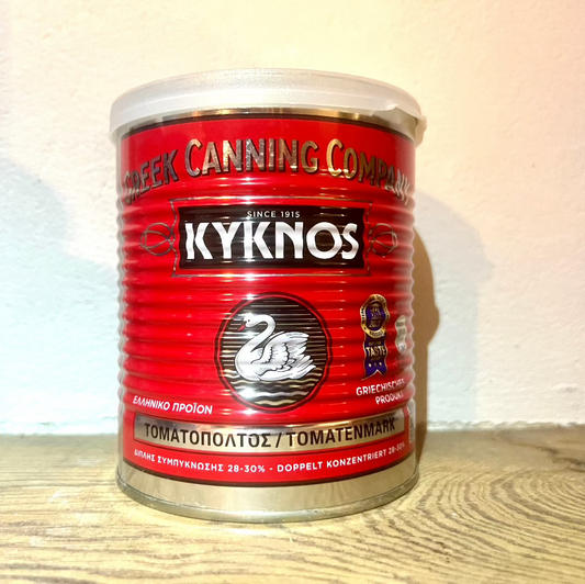 Established in 1915, Kyknos is one of the most loved and recognized brands in Greece. Kyknos is a family-owned company that selects and packs tomatoes grown in the Peloponnese region under strict quality specifications. Only the best hand-picked tomatoes are used for Kyknos products. Kyknos Tomato Paste can be mixed in salads or used to make delicious pasta sauces and dressings!