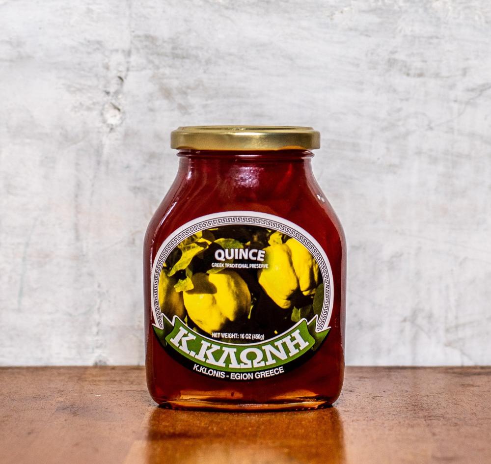 Klonis Quince Preserve is made of high-quality whole and large pieces of fruit that provide a wonderful taste texture and appearance. Klonis Quince Preserve is a Greek favorite and is similar in flavor to an apple. Enjoy a spoonful or two as is with a cup of coffee or spread over toast for a unique breakfast treat. Ingredients: Quince, sugar, glucose, color #120, preservative: potassium, sorbate 0.5% E202 citric acid E330. Artificially scented. Imported from Greece